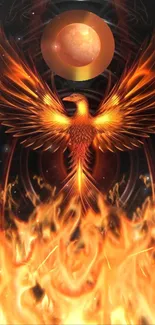 Fiery phoenix rising from flames in dynamic mobile wallpaper.