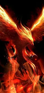 Fiery phoenix digital art wallpaper with vibrant red and orange colors on black background.