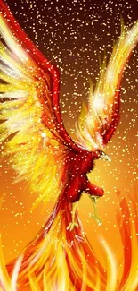 Phoenix rising from flames in vibrant colors.