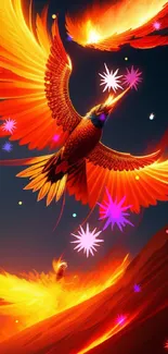 Fiery phoenix with vibrant orange wings soaring in dynamic motion.