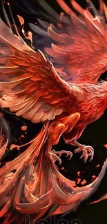 Dynamic phoenix in fiery red hues, soaring beautifully.