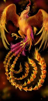 Fiery phoenix with colorful feathers against a dark background.