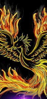 Fiery phoenix with vibrant flames in a striking artistic wallpaper design.