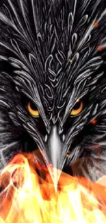 Fierce phoenix with fiery flames, piercing eyes, and dynamic black feathers.