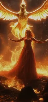 A mystical scene with a phoenix and a woman surrounded by fire.