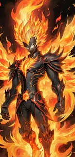 Fiery phoenix warrior with mystical armor engulfed in vibrant flames.