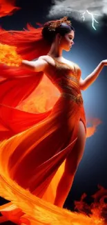 Fiery woman in orange dress surrounded by flames and storm clouds.