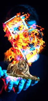 Fiery phone and tiger artwork on a blue hand, creating vibrant visual energy.