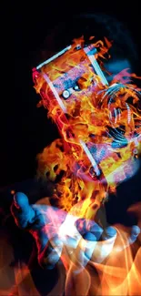 Vibrant illusion of a phone in flames floating above a hand.