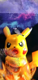 Pikachu with flames in a galaxy backdrop.