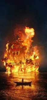 A pirate ship engulfed in flames on a dark ocean at night, seen from a distance.