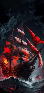 Fiery pirate ship with red sails on stormy sea wallpaper.