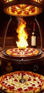 Fiery pizza under flames with wine bottles.