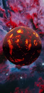 Fiery planet surrounded by colorful nebula in space.