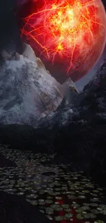 Fiery planet in a rocky mountain landscape with volcanic activity.