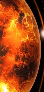 Fiery planet with glowing lava textures in space wallpaper.