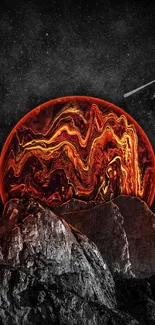 Fiery orange planet over rocky mountains in a dark starry sky.