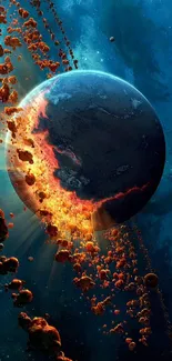 Fiery planet with explosion in space, blue cosmic background.