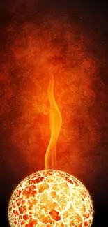 Fiery planet with orange flames against dark backdrop mobile wallpaper.