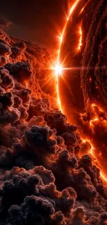 Dramatic fiery landscape with glowing clouds and celestial glow.
