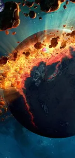 Fiery asteroid impact on a planet with dark blue background.