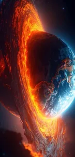 Planet surrounded by a fiery orange vortex in space.