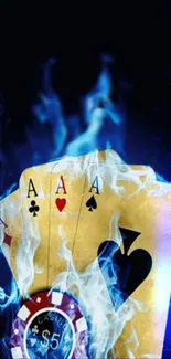 Poker cards and casino chip with blue flames on dark background.