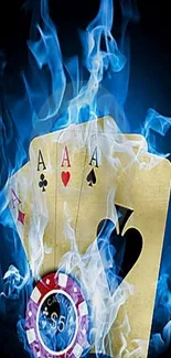 Flaming poker cards with blue smoke background and casino chip.