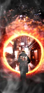 Mobile fantasy wallpaper with a fiery portal and urban background.