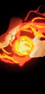 Anime wallpaper with hands holding a fiery orange energy orb.