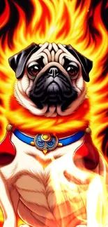 Illustrated pug with fiery flames behind.