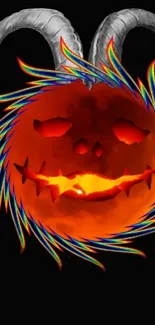 Fiery pumpkin skull with colorful sparks and horns on a dark background.