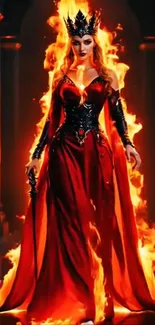 Fiery queen in a red dress with flames, a fantasy art mobile wallpaper.