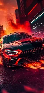 Fiery race car in urban night scene with blazing flames.