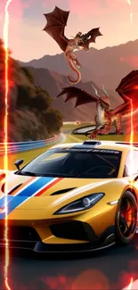 Race car and dragons in a fiery scene on a mountain track.