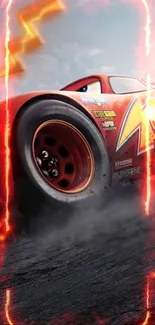 Fiery red racing car with flames on mobile wallpaper.