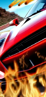 A fiery red racing car with flames on a track.