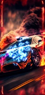 Fiery racing car with dynamic flames and motion blur.