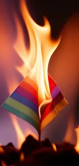 Rainbow flag wallpaper engulfed in vibrant flames.