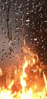 Mobile wallpaper featuring fiery flames behind raindrop-covered glass.