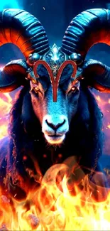 Majestic fiery ram with flames in vibrant fantasy art.