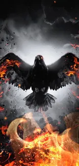 Raven soaring amidst flames and smoke.