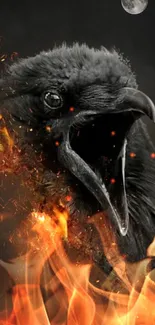 Dark wallpaper with a raven surrounded by flames and a full moon above.