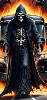 Image of a fiery hooded reaper with a flaming truck backdrop.
