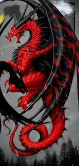 Fiery red dragon with black stripes on a dramatic mobile wallpaper.