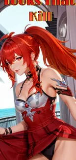 Anime warrior with red hair and armor, tropical backdrop