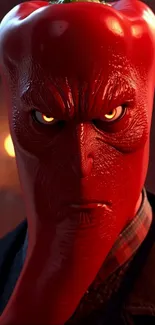 Fiery red animated character with intense eyes.