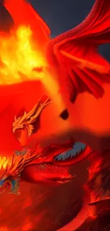 Fiery red dragon with blazing flames, perfect for mobile wallpaper.