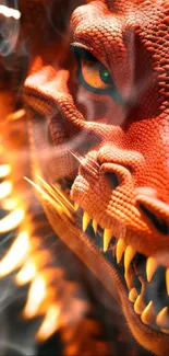 A fiery red dragon with vivid scales and a fierce eye, partially visible.