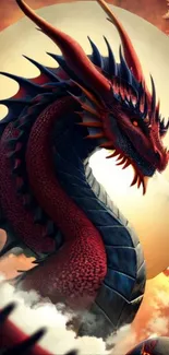 Vivid red dragon with fiery hues against a mystical background.